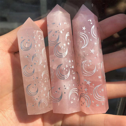 Rose/Clear Quartz/Obsidian Crystal Pillar Points Engraved